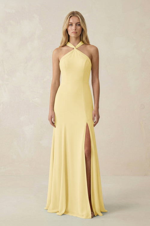 Halter Chiffon Mermaid Ruched Bridesmaid Dress in Pastel Yellow - SHE IS ME Bridesmaid Dresses