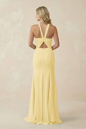 Halter Chiffon Mermaid Ruched Bridesmaid Dress in Pastel Yellow - SHE IS ME Bridesmaid Dresses