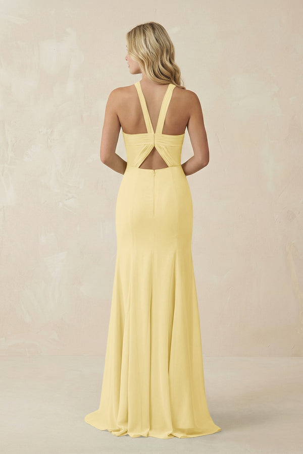 Halter Chiffon Mermaid Ruched Bridesmaid Dress in Pastel Yellow - SHE IS ME Bridesmaid Dresses