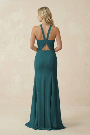 Halter Chiffon Mermaid Ruched Bridesmaid Dress in Pine - SHE IS ME Bridesmaid Dresses