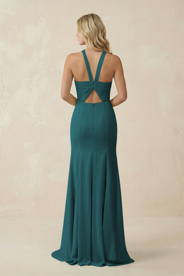 Halter Chiffon Mermaid Ruched Bridesmaid Dress in Pine - SHE IS ME Bridesmaid Dresses