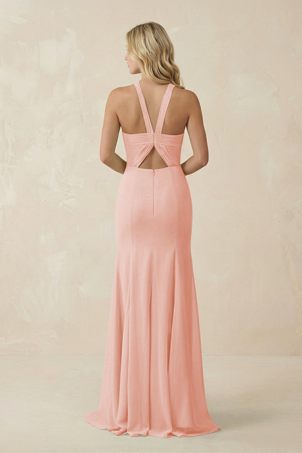 Halter Chiffon Mermaid Ruched Bridesmaid Dress in Rose Petal - SHE IS ME Bridesmaid Dresses