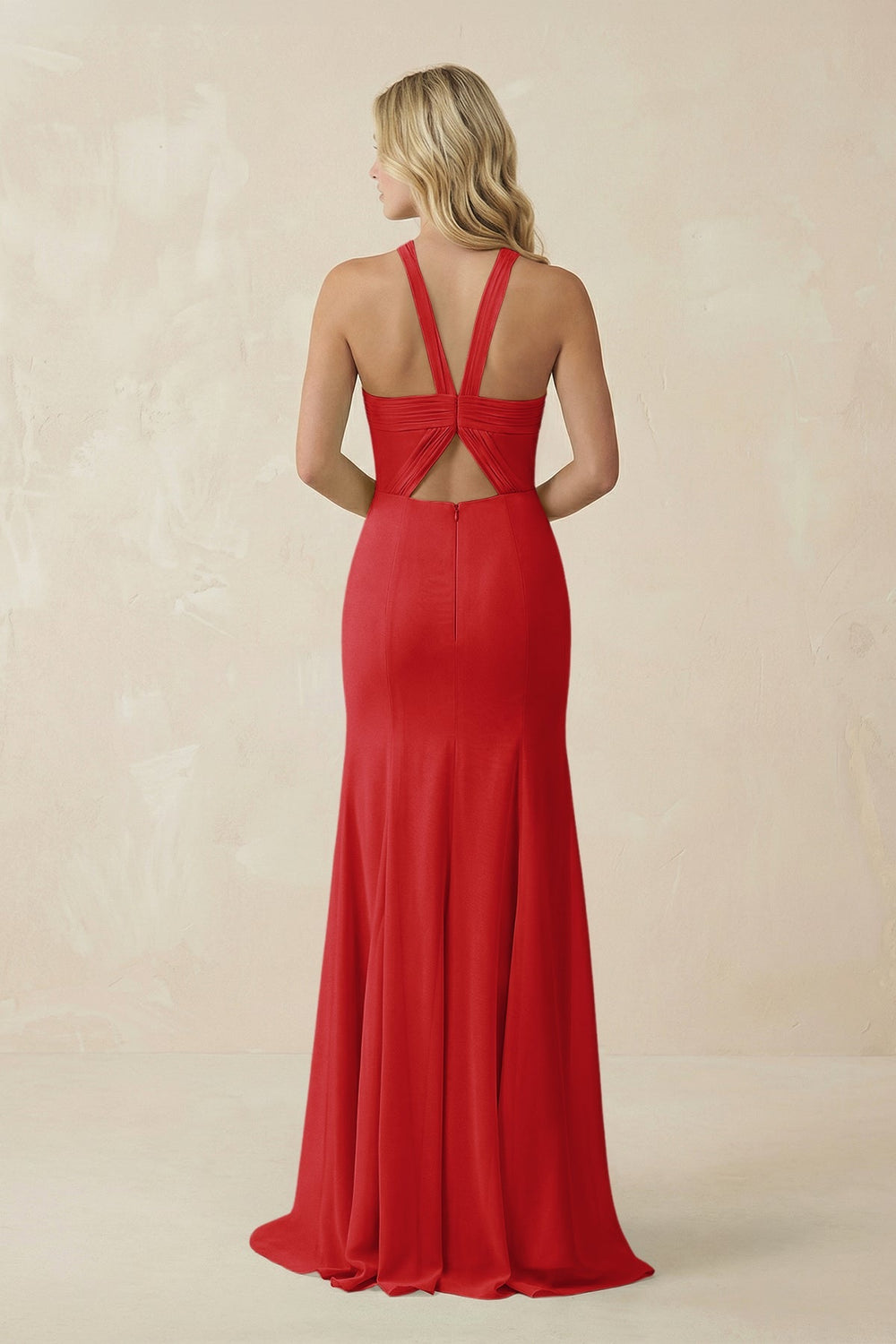 Halter Chiffon Mermaid Ruched Bridesmaid Dress in Ruby Red - SHE IS ME Bridesmaid Dresses