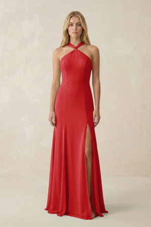 Halter Chiffon Mermaid Ruched Bridesmaid Dress in Ruby Red - SHE IS ME Bridesmaid Dresses