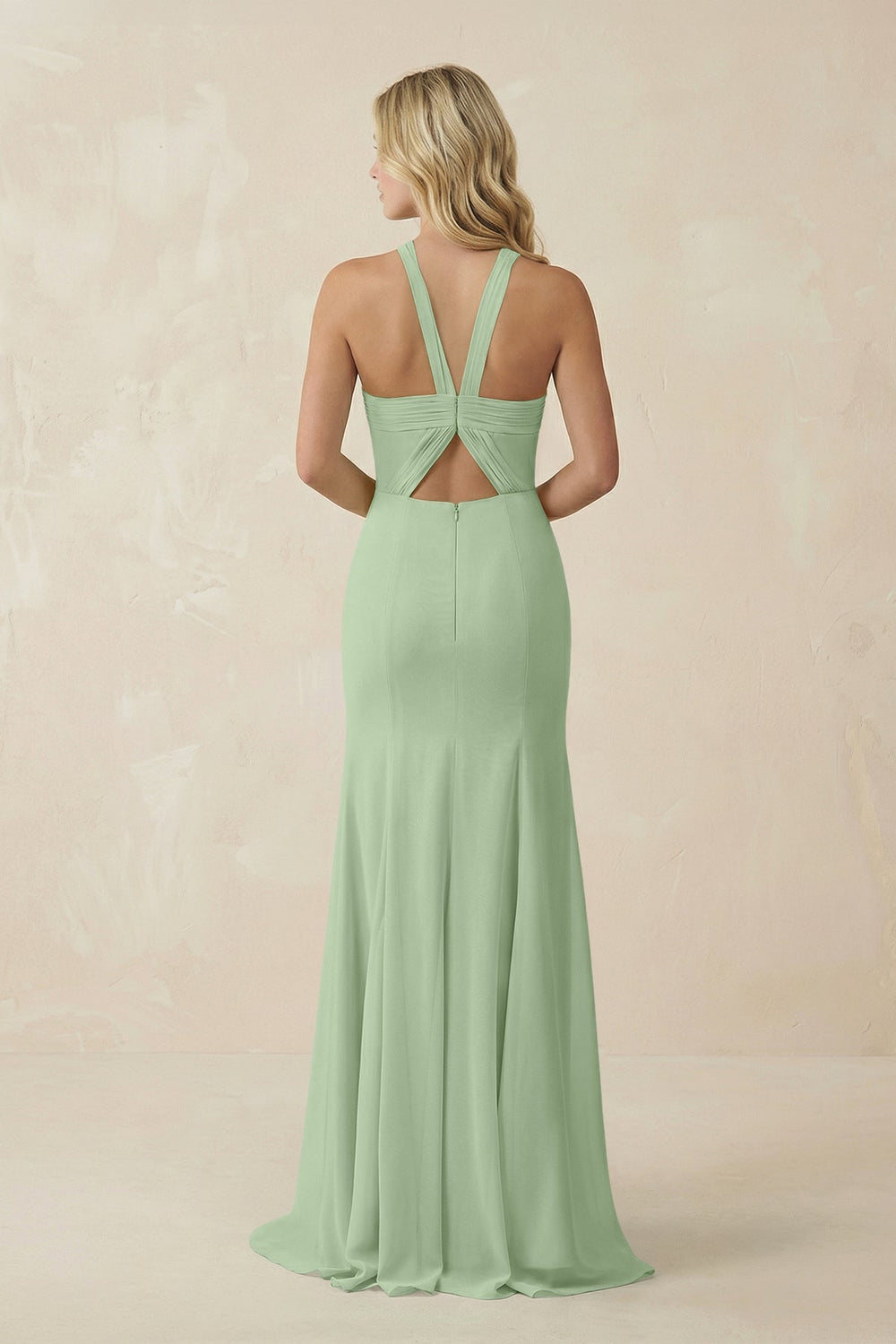 Halter Chiffon Mermaid Ruched Bridesmaid Dress in Sage - SHE IS ME Bridesmaid Dresses