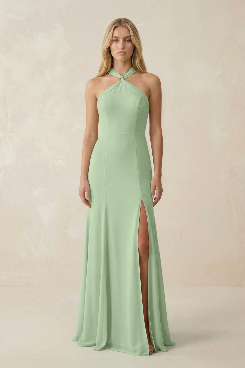 Halter Chiffon Mermaid Ruched Bridesmaid Dress in Sage - SHE IS ME Bridesmaid Dresses