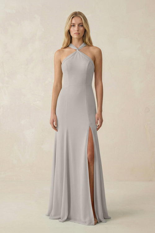 Halter Chiffon Mermaid Ruched Bridesmaid Dress in Silver - SHE IS ME Bridesmaid Dresses