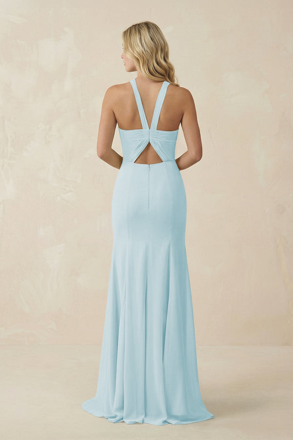 Halter Chiffon Mermaid Ruched Bridesmaid Dress in Sky Blue - SHE IS ME Bridesmaid Dresses