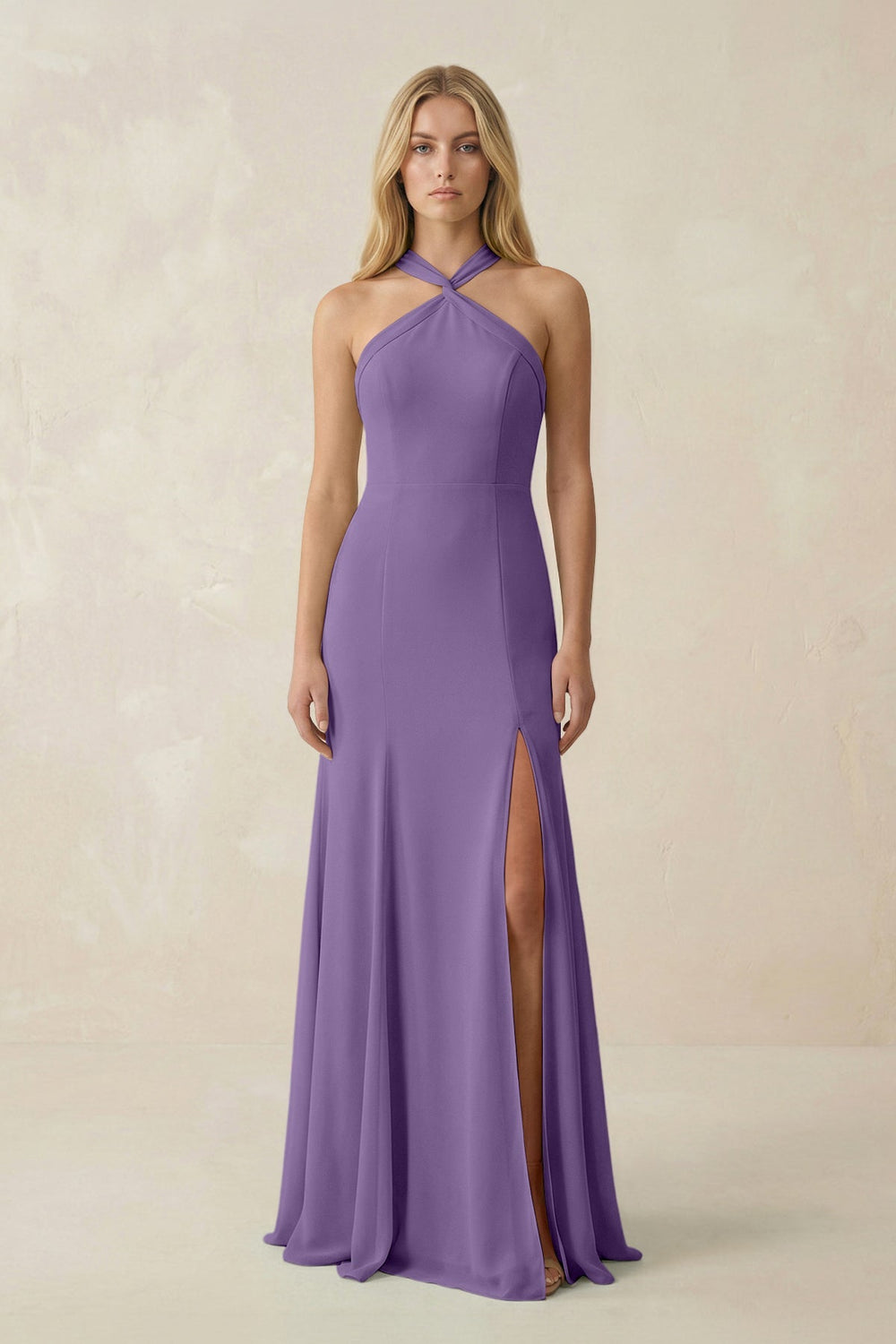 Halter Chiffon Mermaid Ruched Bridesmaid Dress in Tahiti - SHE IS ME Bridesmaid Dresses