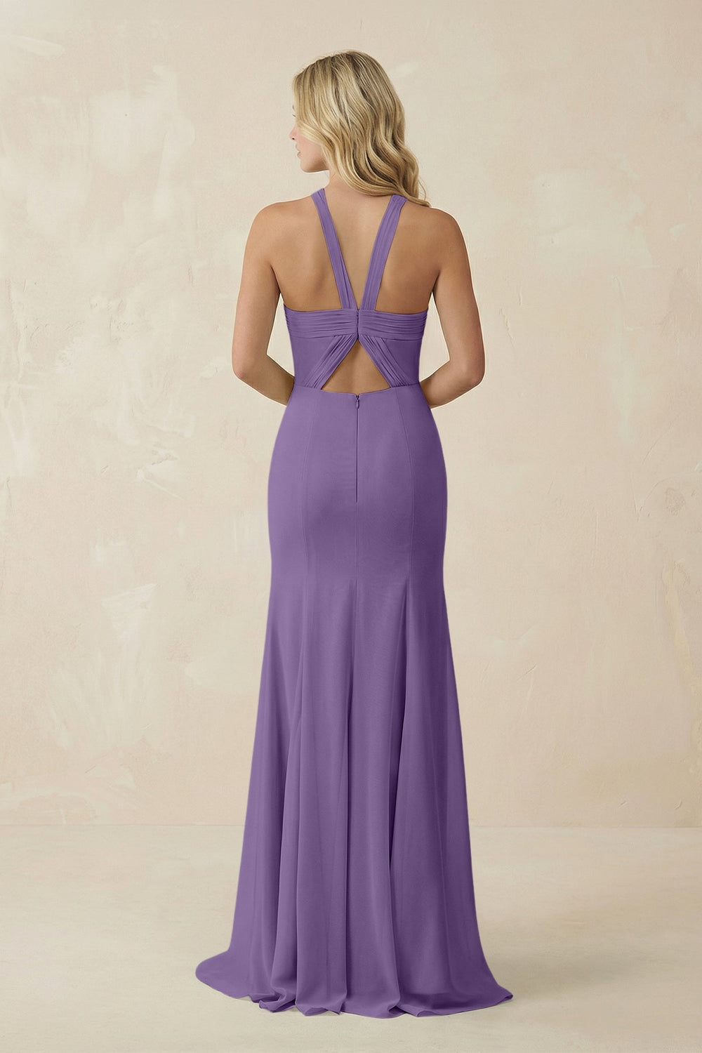 Halter Chiffon Mermaid Ruched Bridesmaid Dress in Tahiti - SHE IS ME Bridesmaid Dresses
