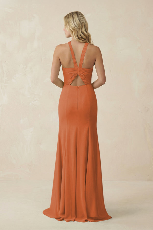 Halter Chiffon Mermaid Ruched Bridesmaid Dress in Terracotta - SHE IS ME Bridesmaid Dresses