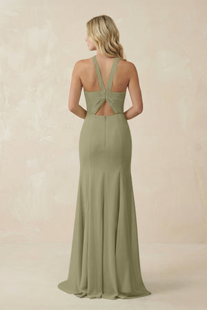 Halter Chiffon Mermaid Ruched Bridesmaid Dress in Thyme - SHE IS ME Bridesmaid Dresses