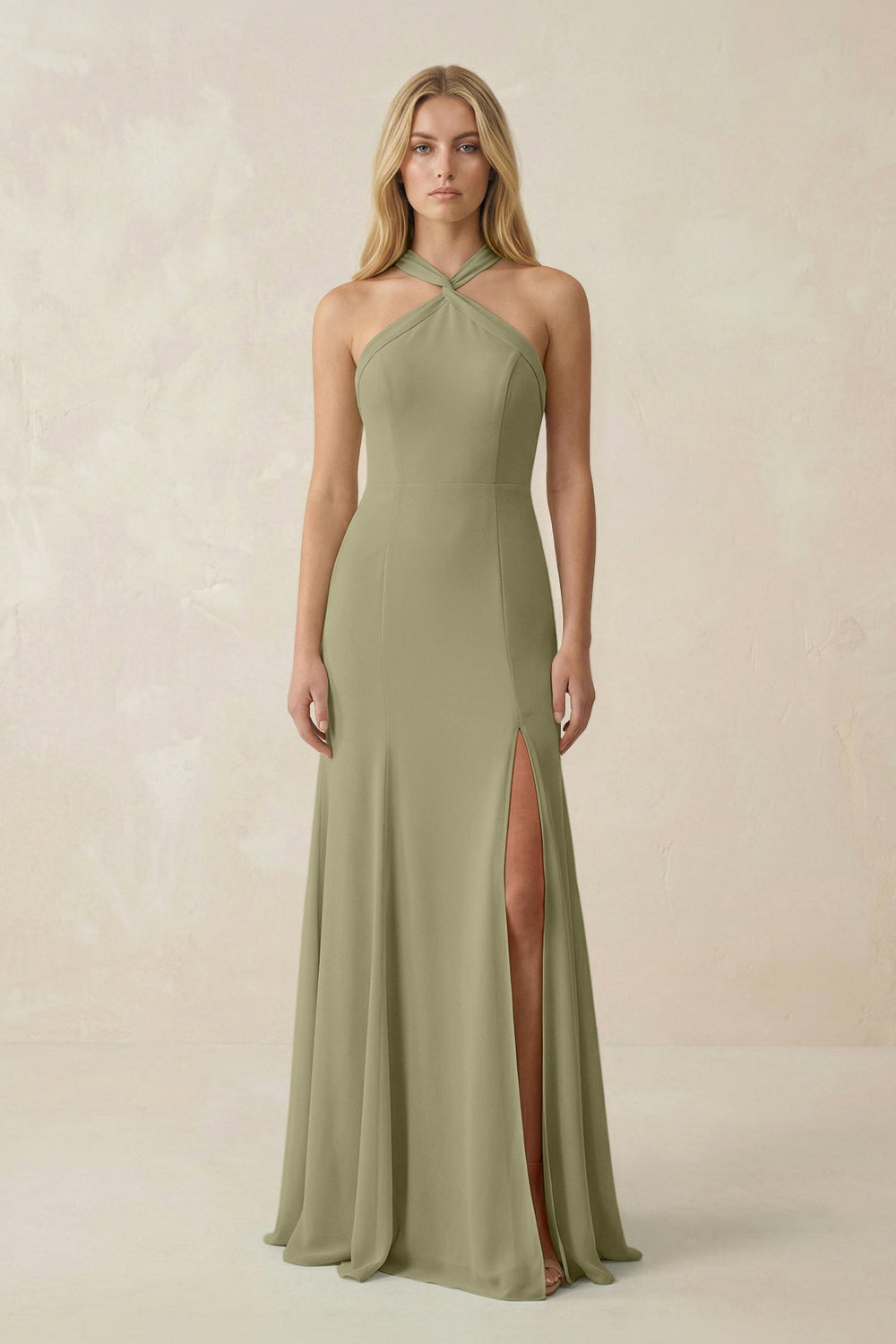 Halter Chiffon Mermaid Ruched Bridesmaid Dress in Thyme - SHE IS ME Bridesmaid Dresses