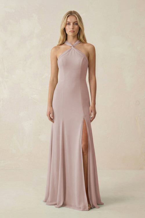 Halter Chiffon Mermaid Ruched Bridesmaid Dress in Toffee - SHE IS ME Bridesmaid Dresses