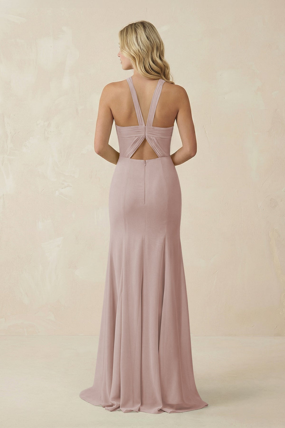 Halter Chiffon Mermaid Ruched Bridesmaid Dress in Toffee - SHE IS ME Bridesmaid Dresses
