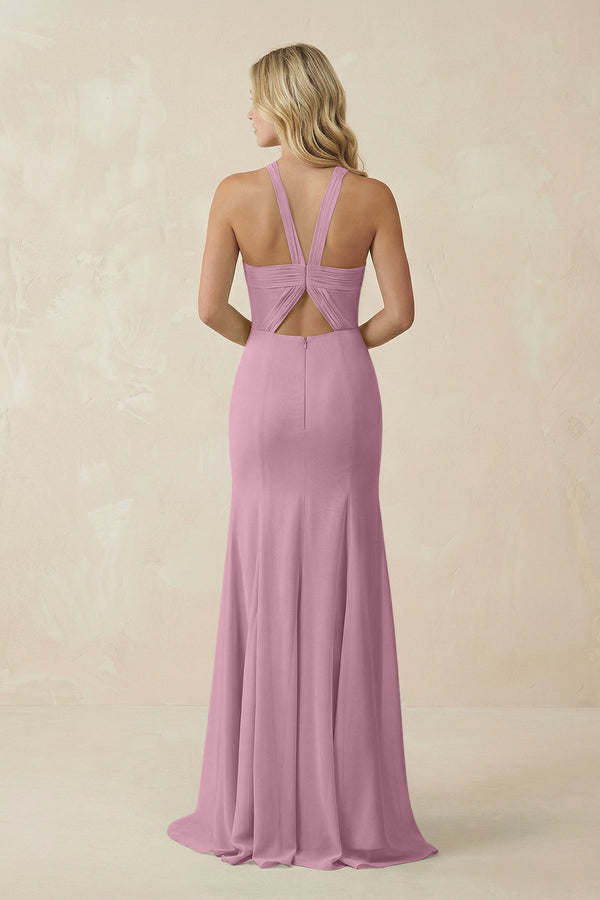 Halter Chiffon Mermaid Ruched Bridesmaid Dress in Vintage Mauve - SHE IS ME Bridesmaid Dresses
