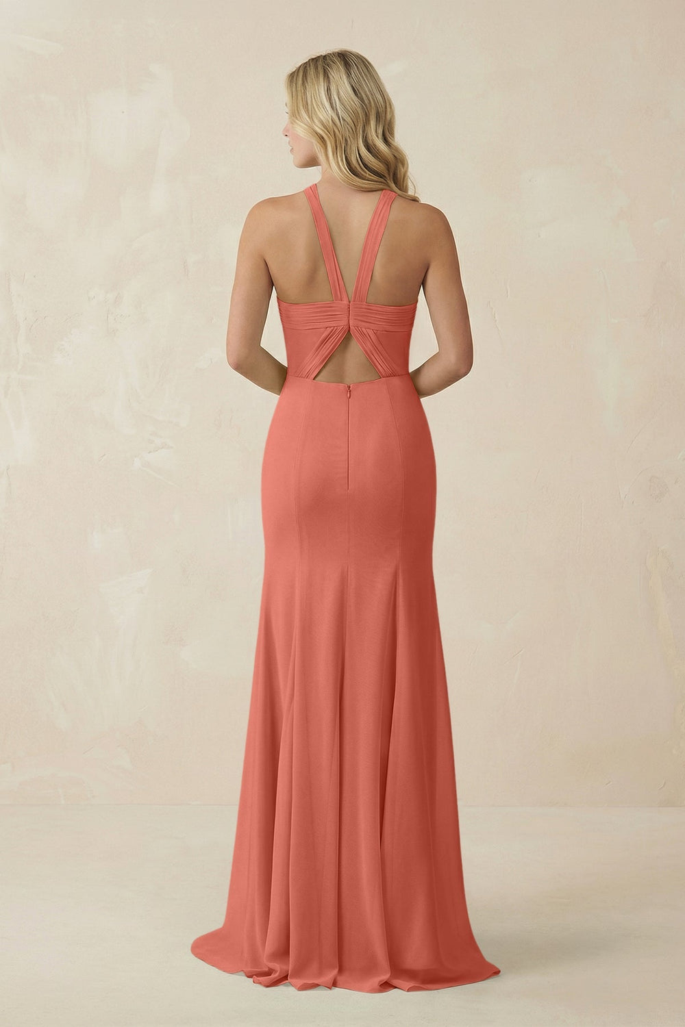 Halter Chiffon Mermaid Ruched Bridesmaid Dress in Wild Rose - SHE IS ME Bridesmaid Dresses