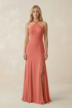 Halter Chiffon Mermaid Ruched Bridesmaid Dress in Wild Rose - SHE IS ME Bridesmaid Dresses