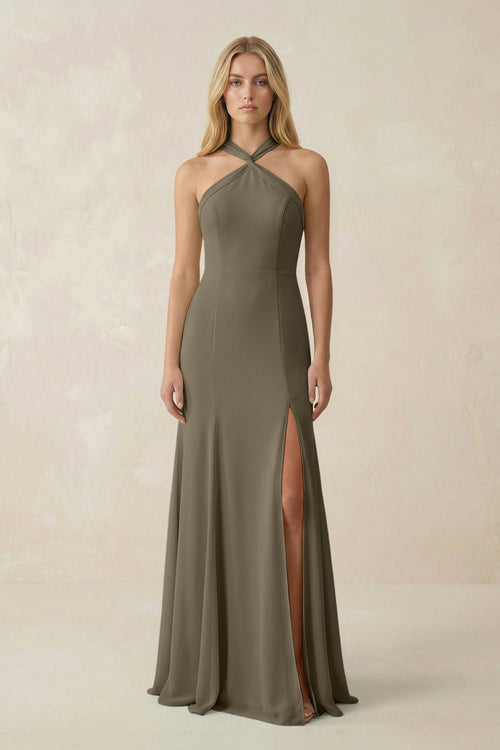 Halter Chiffon Mermaid Ruched Bridesmaid Dress in Willow Green - SHE IS ME Bridesmaid Dresses