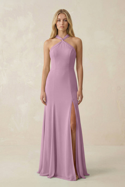 Halter Chiffon Mermaid Ruched Bridesmaid Dress in Wisteria - SHE IS ME Bridesmaid Dresses