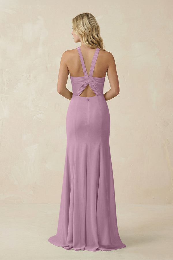 Halter Chiffon Mermaid Ruched Bridesmaid Dress in Wisteria - SHE IS ME Bridesmaid Dresses