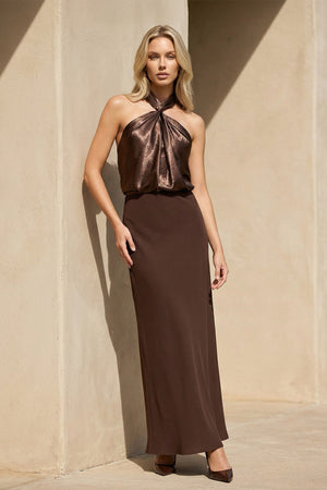 Halter Draped Maxi Dress in Brown - SHE IS ME