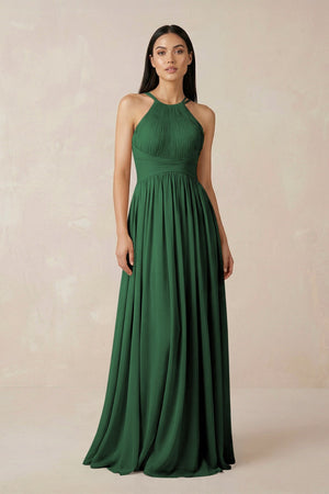 Halter Neck A - Line Chiffon Bridesmaid Dress in Dark Green - SHE IS ME Bridesmaid Dresses