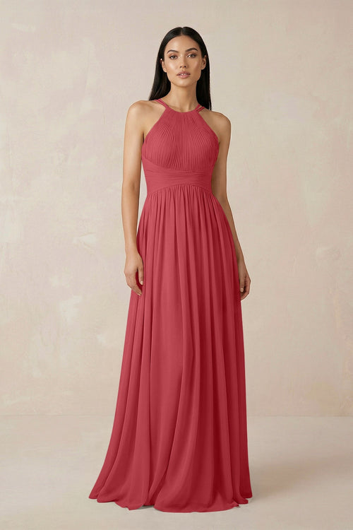 Halter Neck A - Line Chiffon Bridesmaid Dress in Merlot - SHE IS ME Bridesmaid Dresses