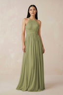 Halter Neck A - Line Chiffon Bridesmaid Dress in Moss Green - SHE IS ME Bridesmaid Dresses