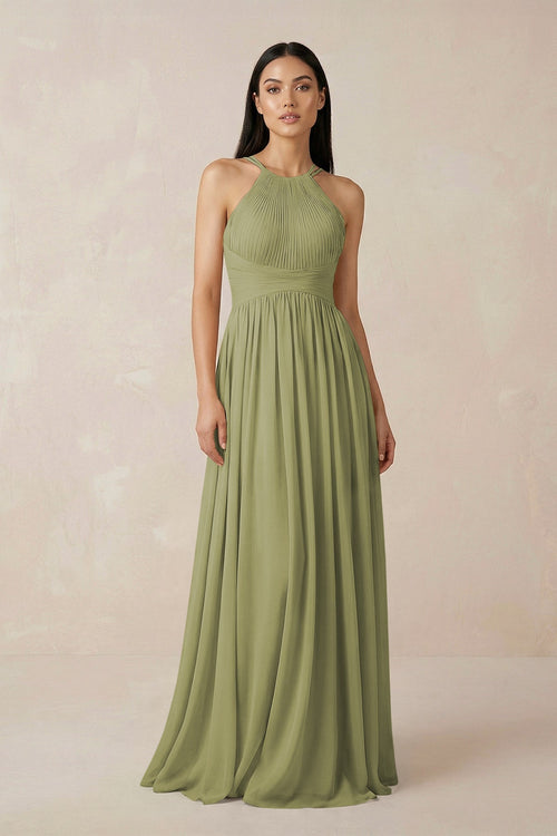 Halter Neck A - Line Chiffon Bridesmaid Dress in Moss Green - SHE IS ME Bridesmaid Dresses