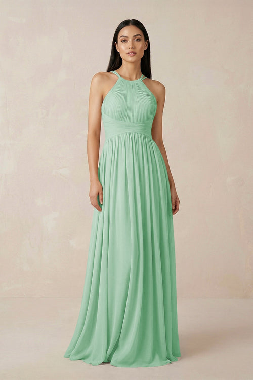 Halter Neck A - Line Chiffon Bridesmaid Dress in Pale Pistachio - SHE IS ME Bridesmaid Dresses