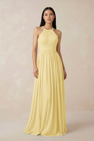 Halter Neck A - Line Chiffon Bridesmaid Dress in Pastel Yellow - SHE IS ME Bridesmaid Dresses