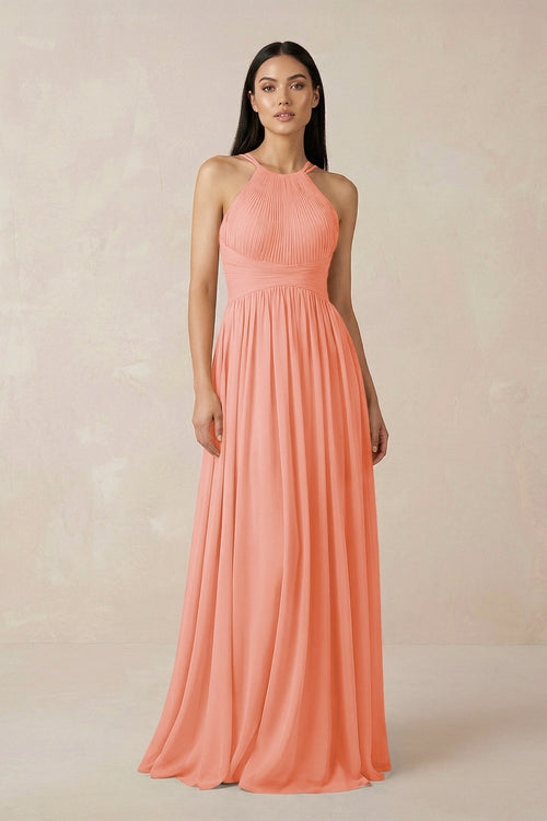 Halter Neck A - Line Chiffon Bridesmaid Dress in Rosette - SHE IS ME Bridesmaid Dresses