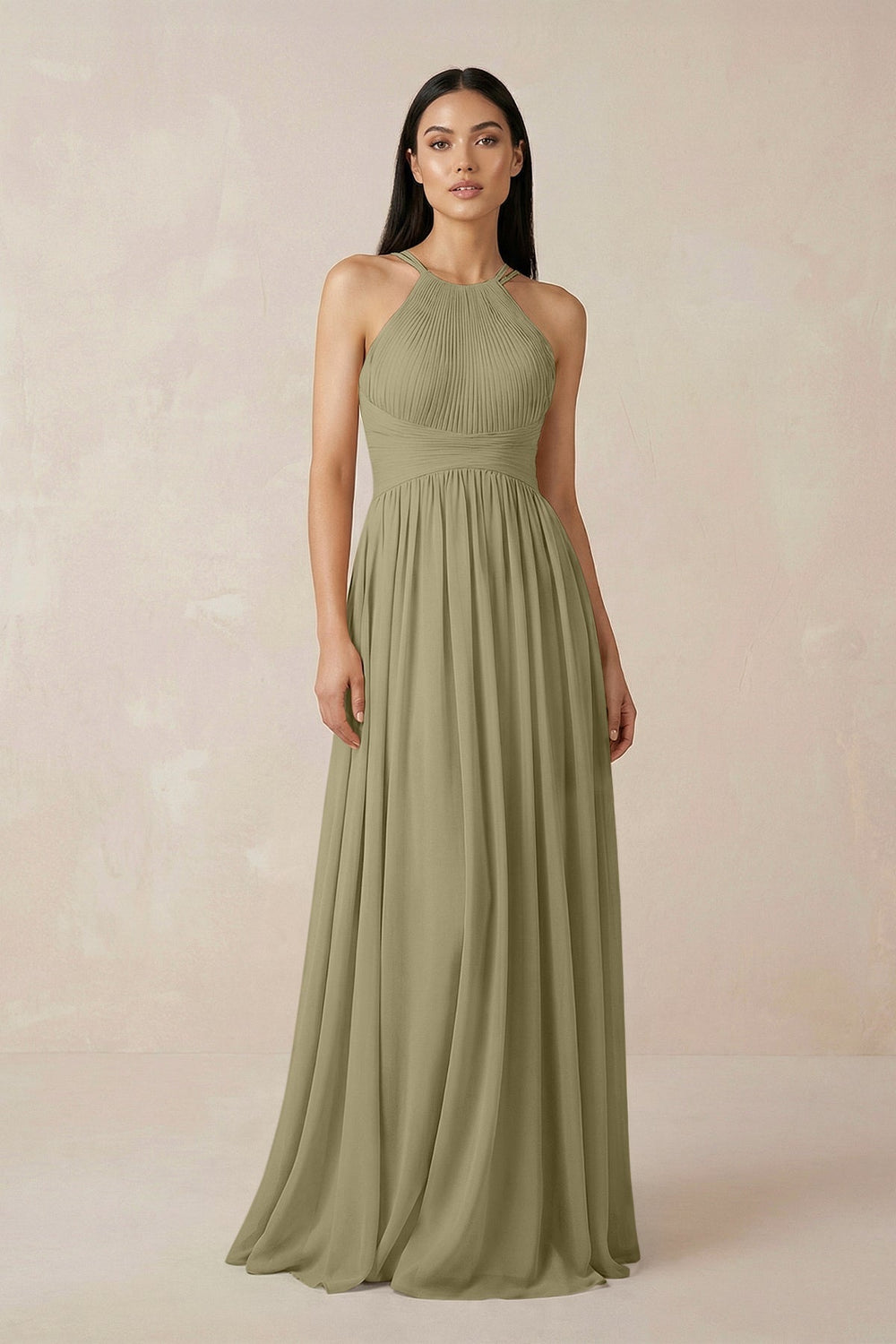 Halter Neck A - Line Chiffon Bridesmaid Dress in Thyme - SHE IS ME Bridesmaid Dresses