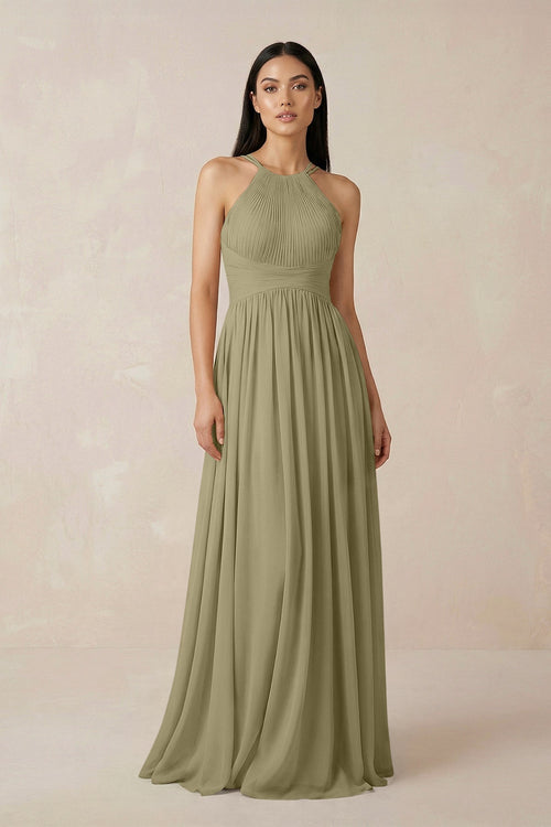 Halter Neck A - Line Chiffon Bridesmaid Dress in Thyme - SHE IS ME Bridesmaid Dresses