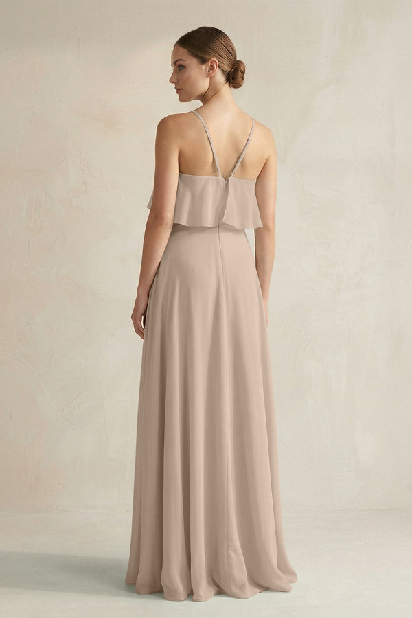 Halter Neck A - Line Chiffon Bridesmaid Dress with Keyhole in Almond - SHE IS ME Bridesmaid Dresses