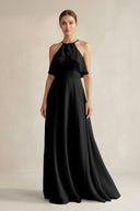 Halter Neck A - Line Chiffon Bridesmaid Dress with Keyhole in Black - SHE IS ME Bridesmaid Dresses