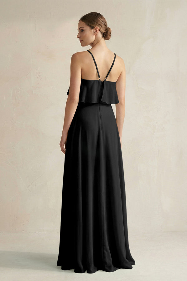 Halter Neck A - Line Chiffon Bridesmaid Dress with Keyhole in Black - SHE IS ME Bridesmaid Dresses