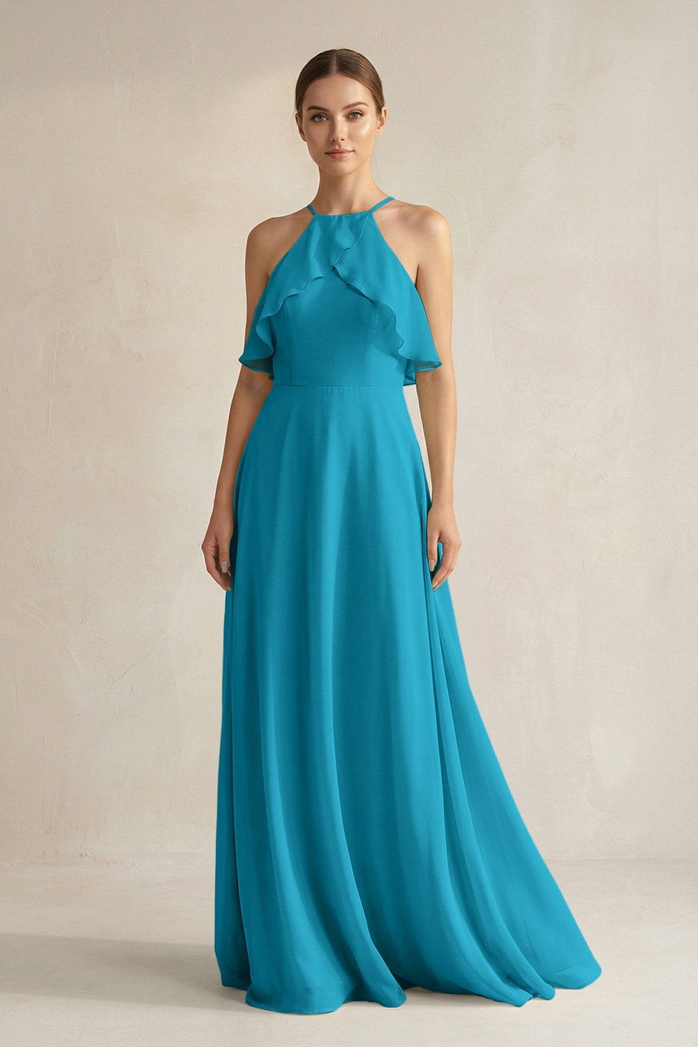 Halter Neck A - Line Chiffon Bridesmaid Dress with Keyhole in Blue Jay - SHE IS ME Bridesmaid Dresses