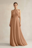 Halter Neck A - Line Chiffon Bridesmaid Dress with Keyhole in Bronzer - SHE IS ME Bridesmaid Dresses