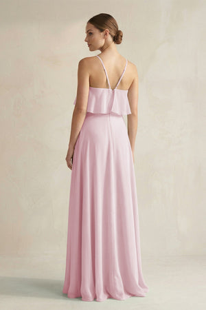 Halter Neck A - Line Chiffon Bridesmaid Dress with Keyhole in Candy Pink - SHE IS ME Bridesmaid Dresses