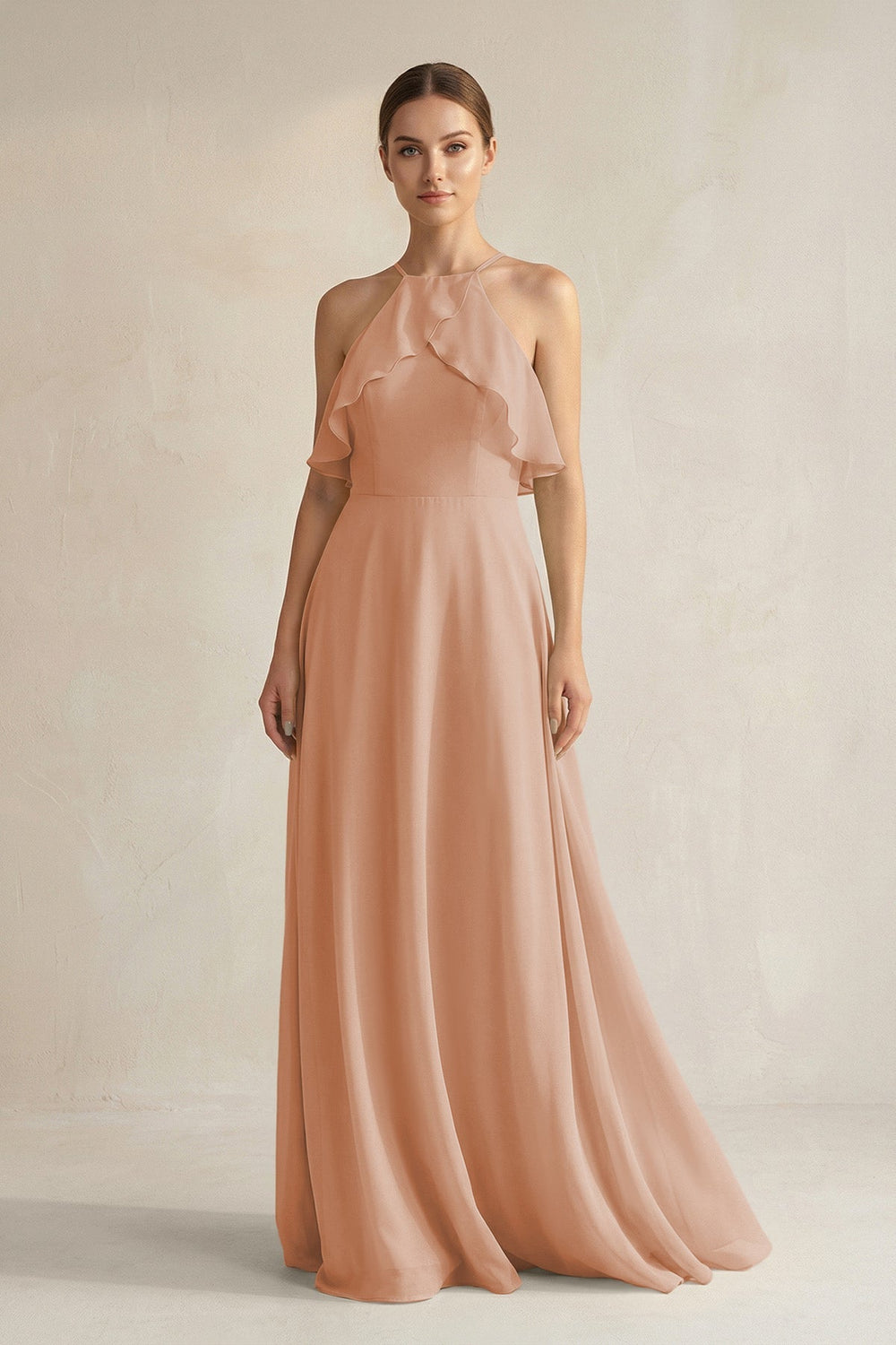 Halter Neck A - Line Chiffon Bridesmaid Dress with Keyhole in Champagne Rose - SHE IS ME Bridesmaid Dresses