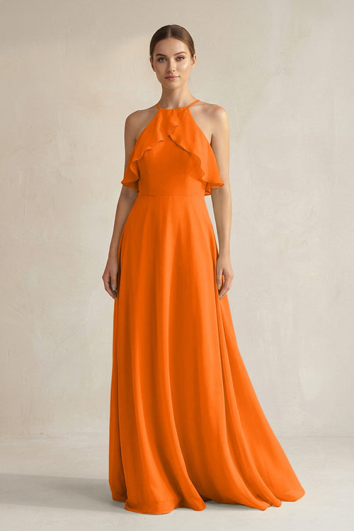 Halter Neck A - Line Chiffon Bridesmaid Dress with Keyhole in Cinnamon - SHE IS ME Bridesmaid Dresses