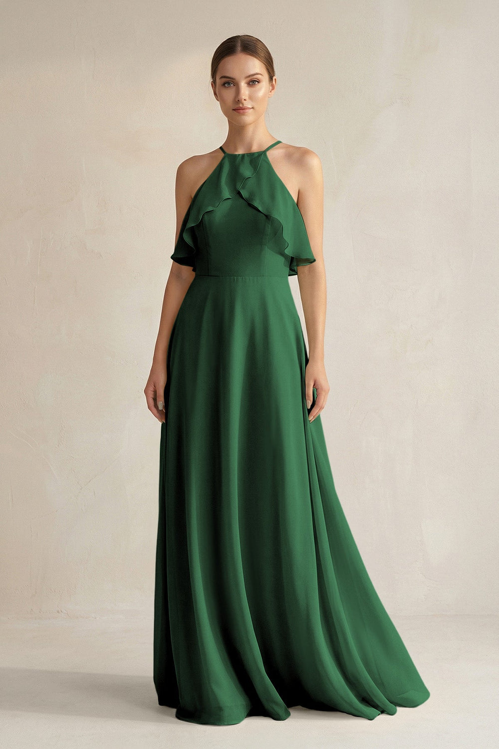 Halter Neck A - Line Chiffon Bridesmaid Dress with Keyhole in Dark Green - SHE IS ME Bridesmaid Dresses