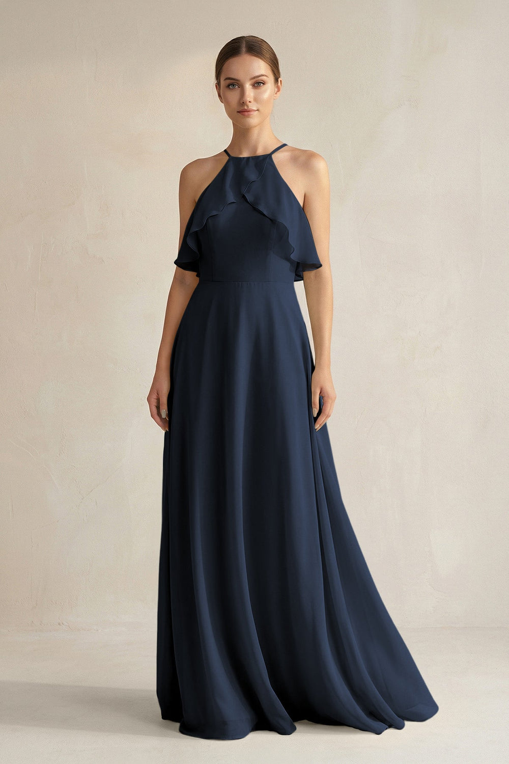 Halter Neck A - Line Chiffon Bridesmaid Dress with Keyhole in Dark Navy - SHE IS ME Bridesmaid Dresses