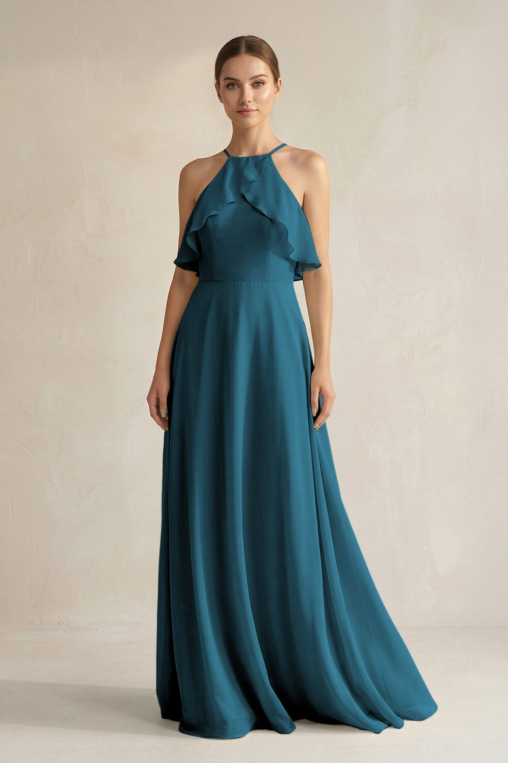 Halter Neck A - Line Chiffon Bridesmaid Dress with Keyhole in Dark Teal - SHE IS ME Bridesmaid Dresses