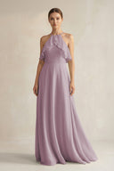 Halter Neck A - Line Chiffon Bridesmaid Dress with Keyhole in Dusk - SHE IS ME Bridesmaid Dresses