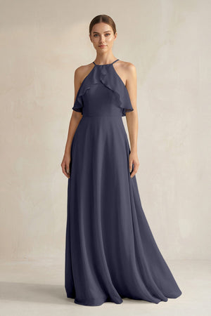 Halter Neck A - Line Chiffon Bridesmaid Dress with Keyhole in Dusk Blue - SHE IS ME Bridesmaid Dresses