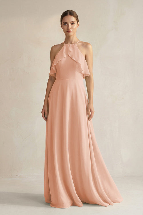 Halter Neck A - Line Chiffon Bridesmaid Dress with Keyhole in English Rose - SHE IS ME Bridesmaid Dresses