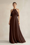 Halter Neck A - Line Chiffon Bridesmaid Dress with Keyhole in Espresso - SHE IS ME Bridesmaid Dresses